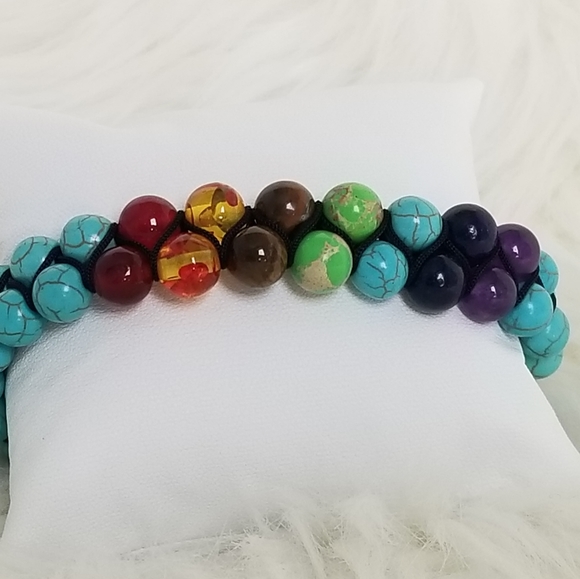 7 Chakra Dbl Layer Turquoise Lava Stone Bracelet - Picture 4 of 5